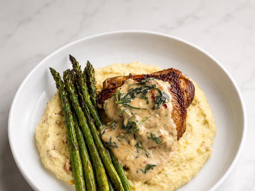 Creamy chicken over whipped potato with roasted asparagus
