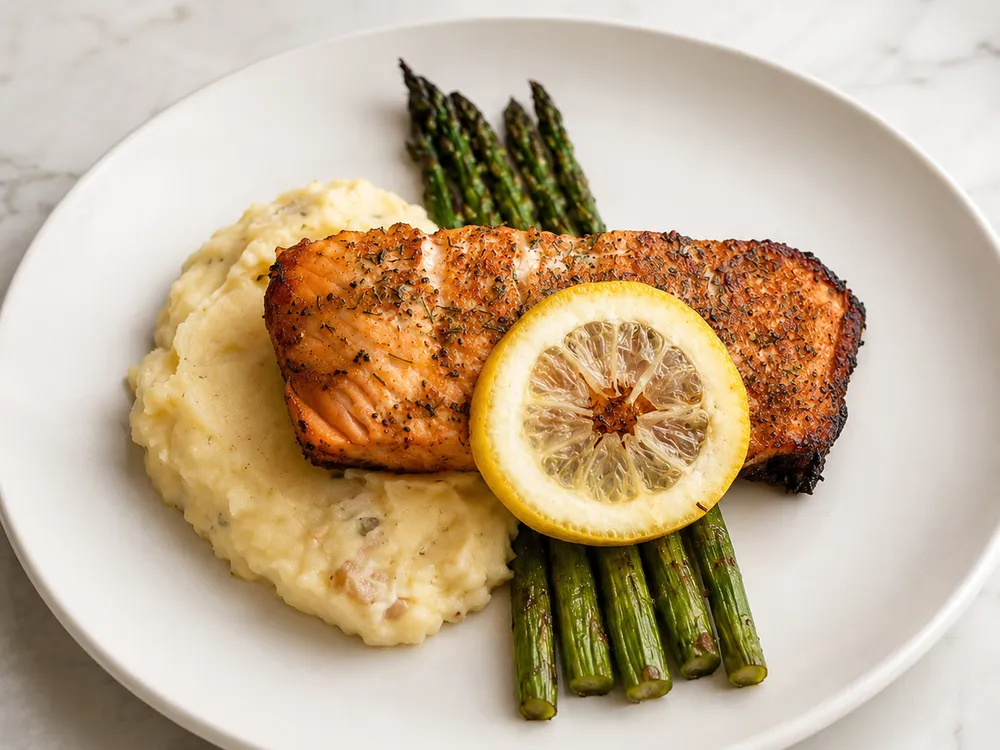Seared salmon with mashed potato, asparagus, and lemon